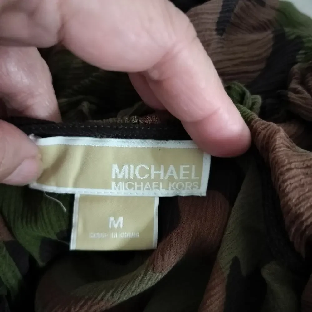 4994)Michael Kors Camouflage Silk Georgette semi Sheer Pullover Hooded Blouse M - Picture 9 of 11